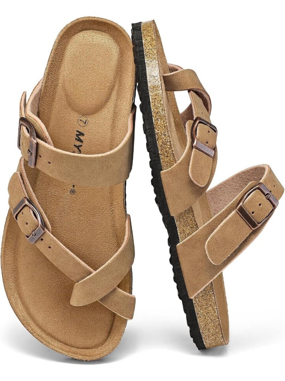 Women's Tan Double Adjustable Buckle Slide Cork Footbed Slip On Sandal Shoes